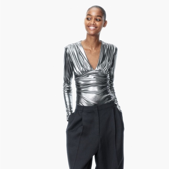 NWOT H&M Metallic Silver V Neck Long Sleeve Bodysuit Women’s Size Small - Picture 3 of 14